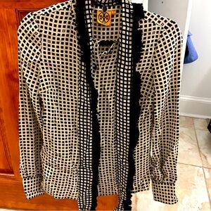 Tory Burch 100% Silk Blouse with Detachable Tie with Black Fringe